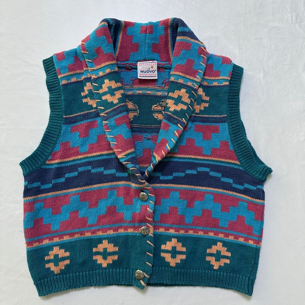 Vintage Nuovo Southwestern Knit Vest Shawl Collar M Aztec Tribal Boho Eclectic